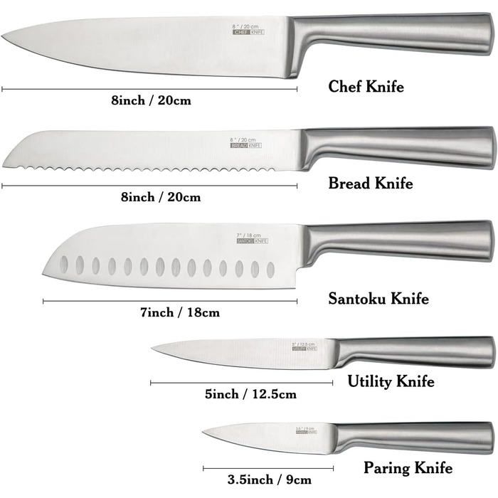 Набір кухонних ножів HUIKAILI 5 шт. з нержавіючої сталі, професійний, з антиковзним руків'ям, включає: Сантоку, кухонний ніж, ніж для хліба, універсальний ніж, ніж для овочів