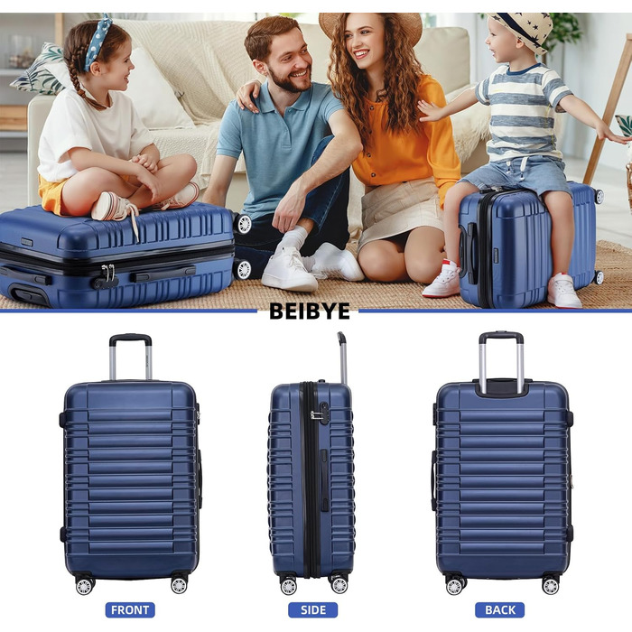 Набір валіз Beibye 2088 з подвійними колесами (M-L-XL) - комплект валіз на колесах, валіза-троль, подорожі, темно-синій