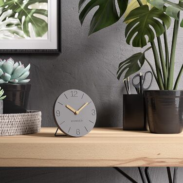 Cander Berlin MNU 2615 H Gray Table Clock, battery-powered, silent (no ticking), vintage, analog, modern, wood hands, MDF, 15 cm