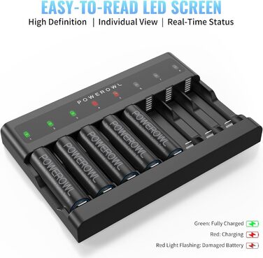 Зарядний пристрій PowerOWL на 8 батарейок, надтонкий, з незалежними слотами, USB-C зарядка для перезаряджуваних акумуляторів AA AAA
