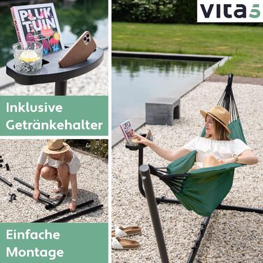 Гамак Vita5 з каркасом для двох, 200 кг, переносний, з підсклянником, для саду, басейну, балкона та тераси, зелений, у комплекті сумка для транспортування