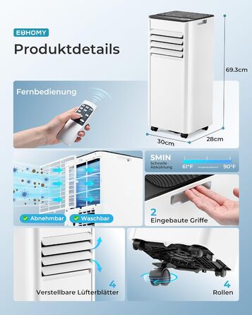 Мобільний кондиціонер Klimaanlage 7000 BTU з витяжним шлангом | 4-в-1 | Тиха робота | Дисплей та пульт | Комплект для встановлення у вікно | Таймер 24 год | Для приміщень до 20 м²