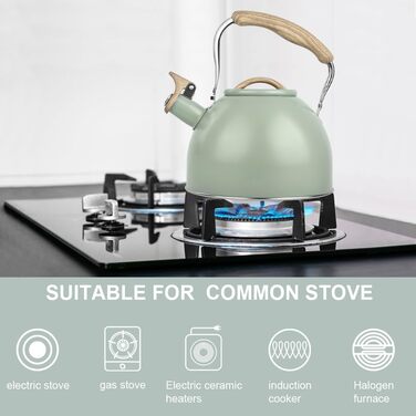 Чайник-заварник Flintronic з нержавіючої сталі, 3л, з дерев'яною ручкою, для всіх плит, чайник-заварник для чаю та кави (зелений)