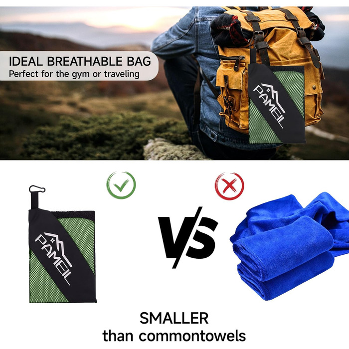 Набір рушників Pameil з мікрофібри (2 шт.): великий (160x80 см) та маленький (80x40 см), компактні та швидковисихаючі, для спорту, подорожей, пляжу (армійний зелений)