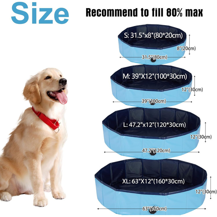 Басейн для собак, 160x30 см, розкладний, з неслизьким покриттям, блакитний XL