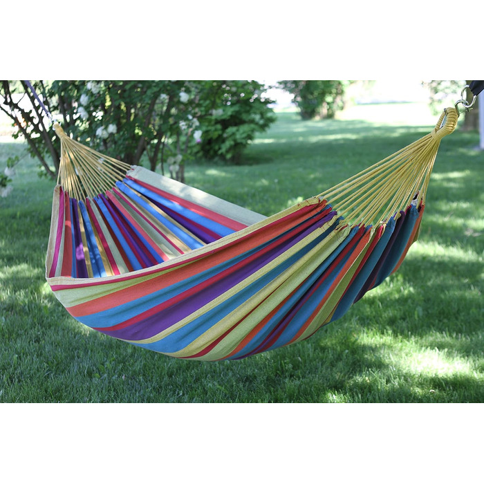 Vivere Double Cotton Hammock in Brazilian Style with Polyester End Loops, Weight Capacity 450 lbs (Tropical)