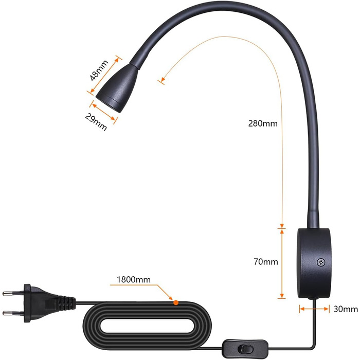 Світлодіодний настінний світильник для читання 3W теплий білий 3000K чорний, з вимикачем на шнурі
