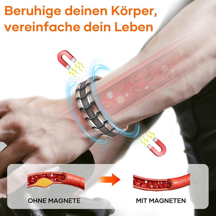 Металевий браслет для чоловіків з 3 рядів магнітів, преміум-якість, 99.99% чиста мідь, регульована довжина, подарункова коробка