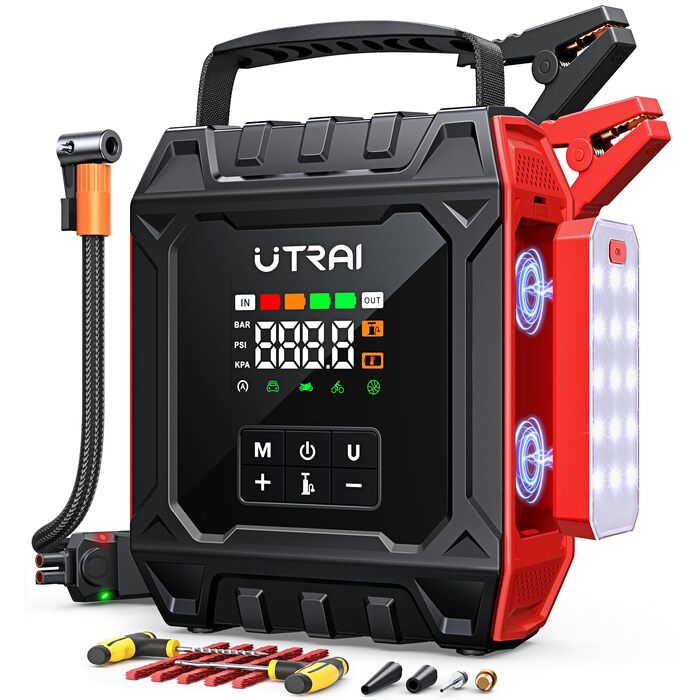 Пусковий пристрій UTRAI 7000A з компресором 160 PSI та Powerbank для авто (бензин, дизель до 12л), магнітний ліхтар 1000 Лм, 18 Вт, червоний