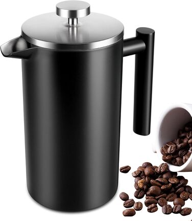 French Press Coffee Maker, 100 ml, large, insulated, robust premium stainless steel, 4-6 cup capacity, coffee press, French press plunger, teapot, black