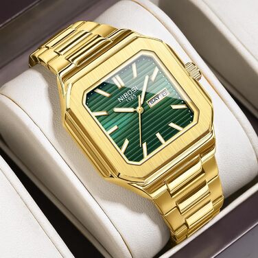 Годинник чоловічий NIBOSI: кварцовий, з нержавіючої сталі, мілітарі, квадратний, водонепроникний, бізнес-стиль, класичний, дизайнерський (золотий, зелений)