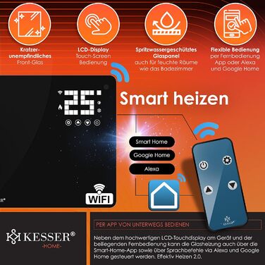 Електричний конвектор KESSER® з Wi-Fi, LCD-дисплеєм та пультом керування. Чорний, 2500 Вт. Можливість встановлення на стіну або на підлогу.