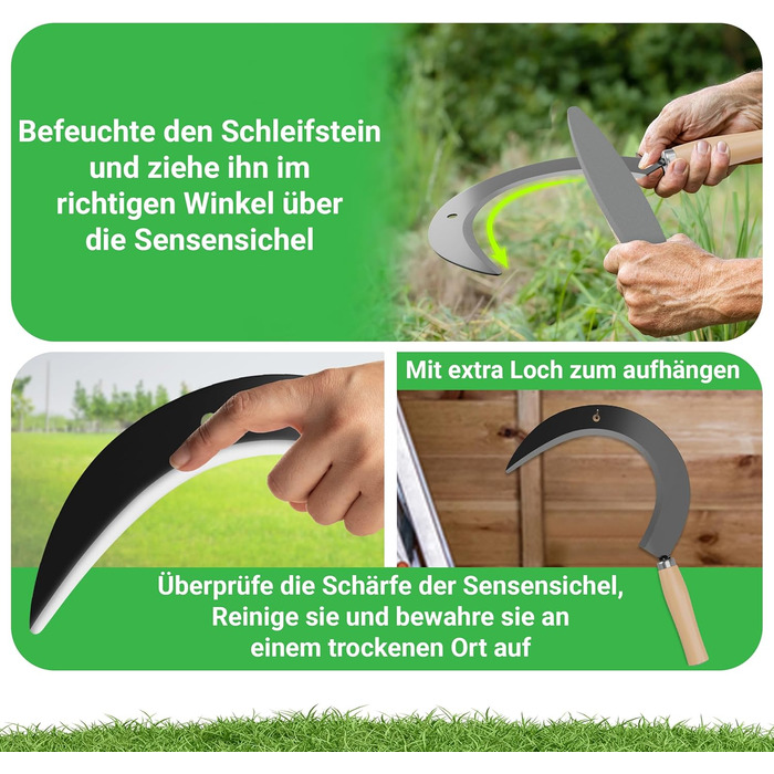 ALBAJ Sickle with Wooden Handle - traditional sharp sickle - sustainable scythe 35x22 cm - includes free sharpening stone – robust sickle for grass