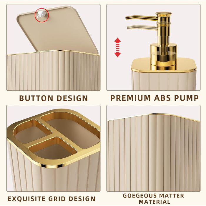 Набір аксесуарів для ванної кімнати – 10-ти частинний зелений набір, WC-щітка, смітник, рушник для ванни, шторка для душу, килимок для ванни (зелений, золото, бежевий)