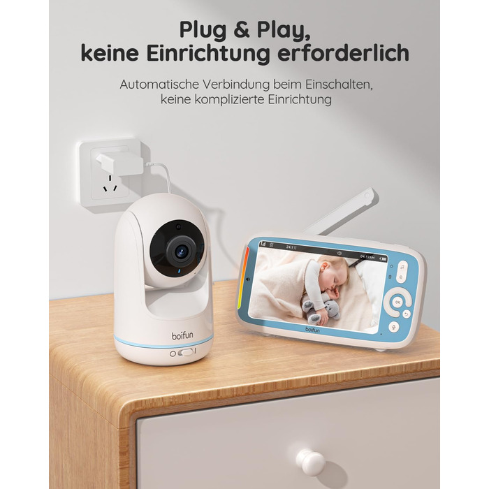 BOIFUN Дитячий відеоняня з камерою, 5' 720P IPS, без Wi-Fi, нічне бачення 360°, датчик шуму/температури, двосторонній зв'язок, радіус дії 300м, Plug & Play, акумулятор 3050mAh, колискові