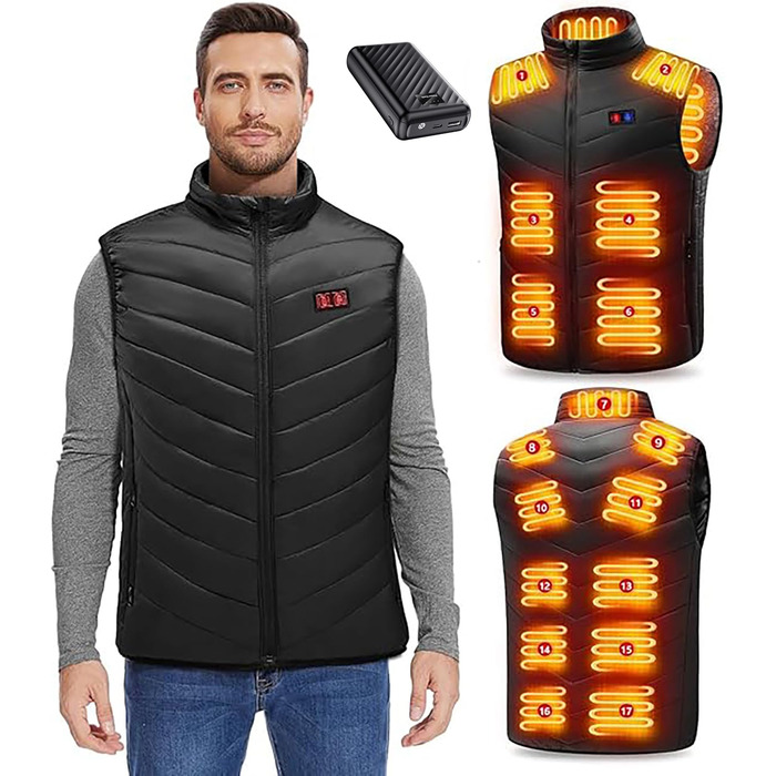 Електрична гріюча жилетка з акумулятором 27000mAh 7.4V, 17 зон нагріву, 3 температурні режими, для чоловіків та жінок, XL, чорна