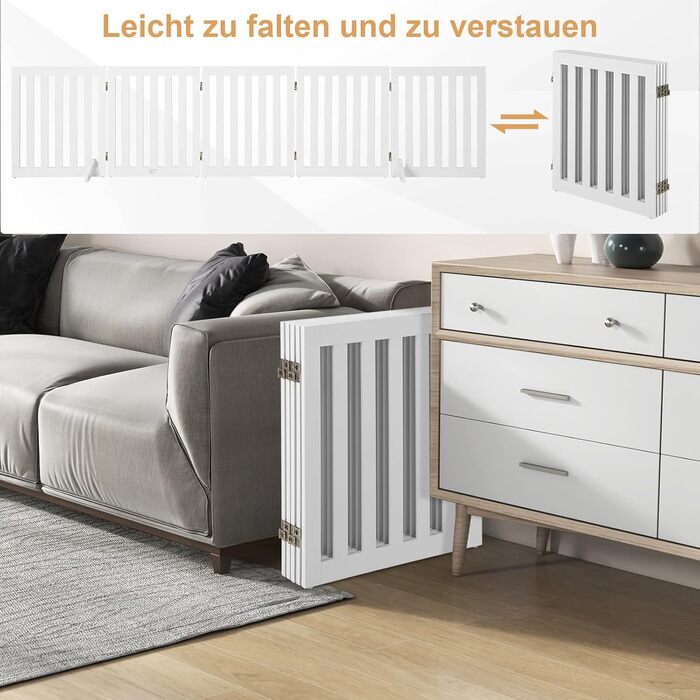 Захисний бар'єр для собак COSTWAY 60см, дерев'яний, дитячий, розкладний, для сходи, білий (5 панелей)