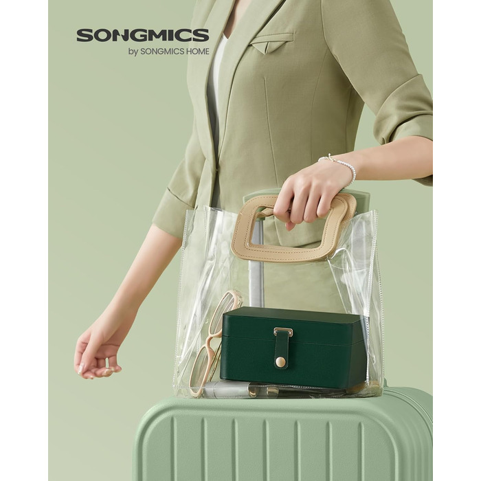 SONGMICS Скринниця для прикрас з дзеркалом, 2-ярусна, органайзер, дорожня, знімний лоток, 17,5 x 21,6 x 10,9 см, для сережок та намист, ідея подарунка, з дзеркалом (Темно-зелений, Сучасний)