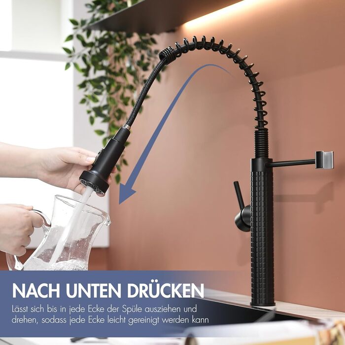 Сучасний кухонний змішувач з висувною лійкою AIMADI 360° з нержавіючої сталі, чорний/рожеве золото, для кухні