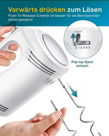 Ручний міксер 350 Вт, 5 швидкостей, з нержавіючої сталі (віночок та гак), ергономічна ручка, довгий кабель, BPA-free – білий KS1 S1