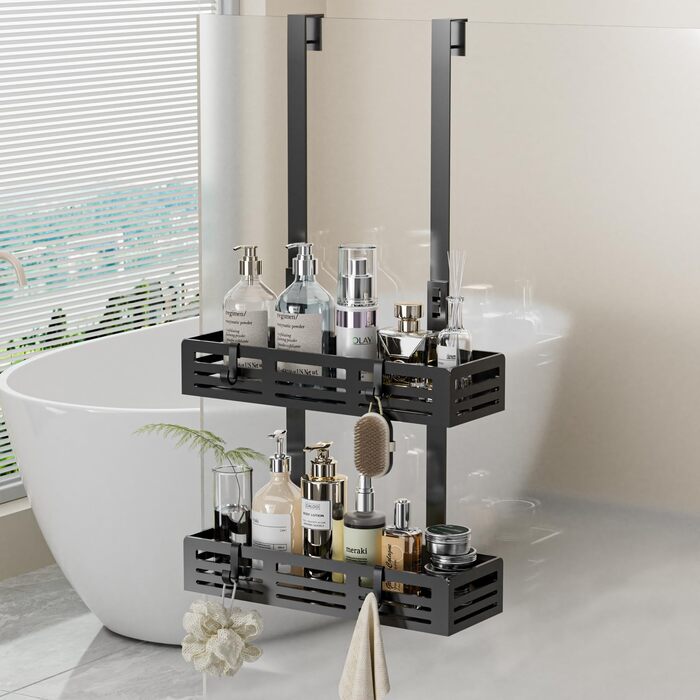 Настінна поличка для душу Hawsam з 2 кошиками та 4 гачками, без свердління, чорна