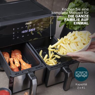 Princess Double Chamber Air Fryer with 2x4L Capacity – 62.2% Less Energy Consumption – Separate Temperatures for 2 Compartments – 8 Programs – 182074, 1700 Watts, 38.4 x 37.4 x 30.8 cm 2x4L Double Chamber Air Fryer Silver