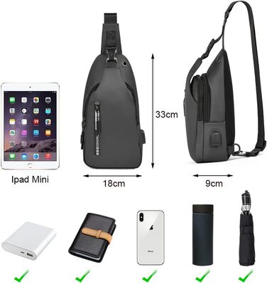 Чоловіча нагрудна сумка Brusttasche з USB-зарядкою, Oxford-тканина, водонепроникна, для спорту, роботи, подорожей (#5 B-сірий)