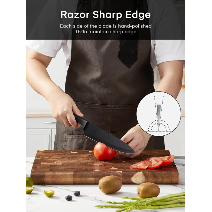 FOHERE 13-Piece Stainless Steel Knife Set with Block & Sharpener - Ergonomic Black Granite Handles