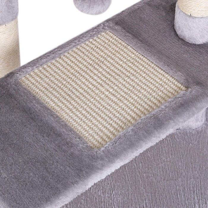 Котячий будиночок Lionto з лежанкою та печерею, 75 см, з сизалевого мотузка та плюшу, 2 м'ячики з дзвіночками, для кошенят та дорослих котів, сірий