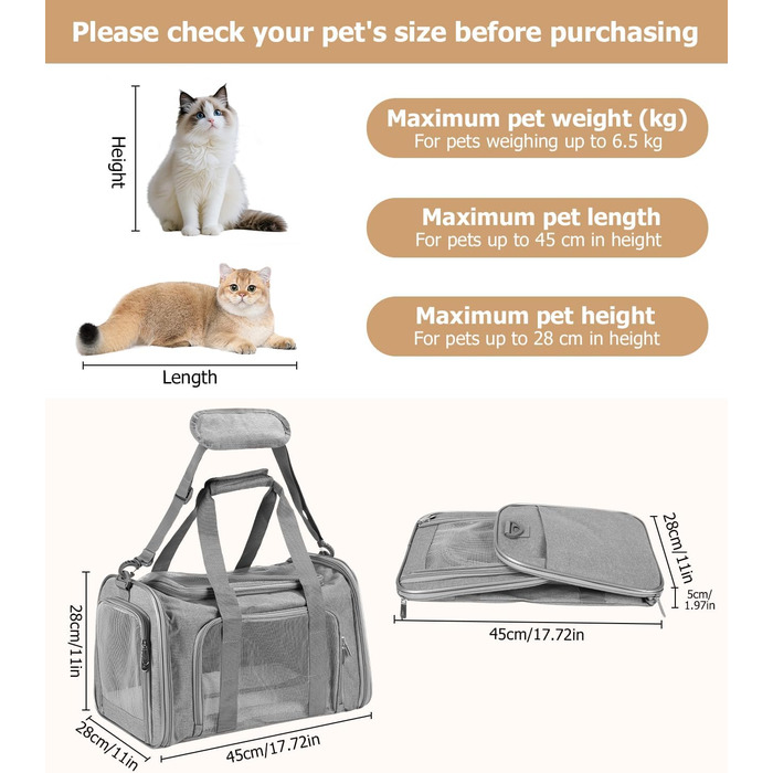 Транспортна переноска для кота та собаки, складана, сірого кольору (L)