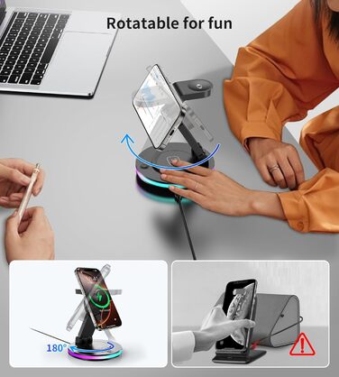 Зарядний пристрій MagSafe 3-в-1 для Apple Watch та iPhone, складний, поворотний з регулюванням світла, бездротовий зарядний стан MagSafe для iPhone 16/15/14, AirPods (без адаптера) - Чорний