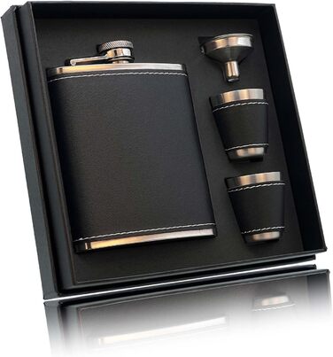 Фляга для алкоголю та віскі RUIXUE® 7oz / 200мл, чорна, з нержавіючої сталі, з 2 склянками та воронкою, для пікніків та кемпінгу