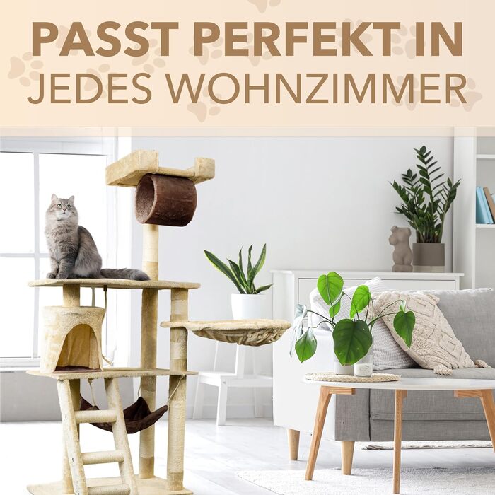 Кігтеточка Foxdevil для котів Xonic® - багатофункціональна кігтеточка з оглядовою платформою, гамаком, затишною печерою, іграшковою шнуркою, сходами – 141 см – (Бежевий/Коричневий V1)