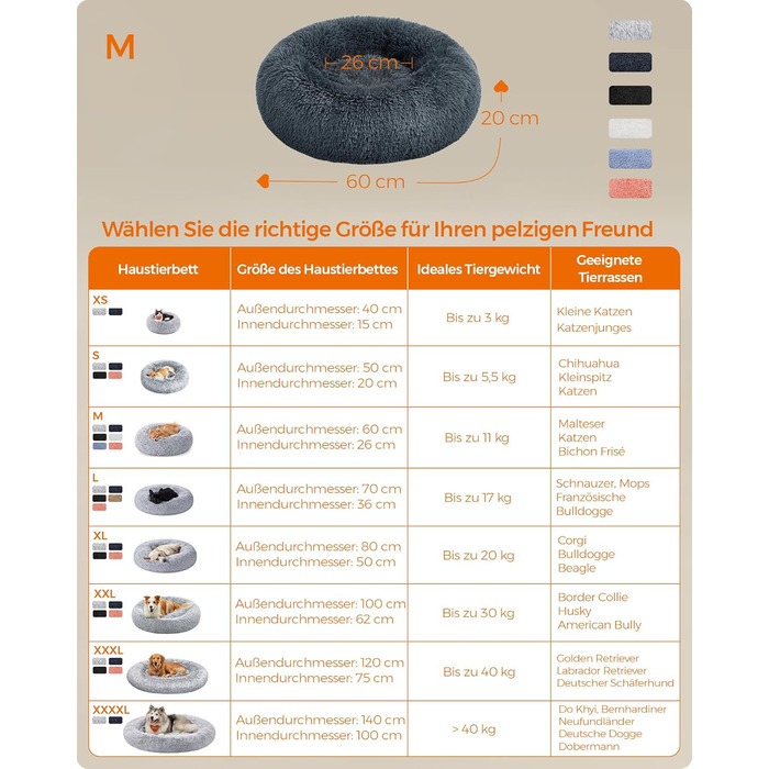 Кругле ліжко для собак та котів Feandrea, м'яке, донат, 60 см, темно-сірий, знімний наповнювач