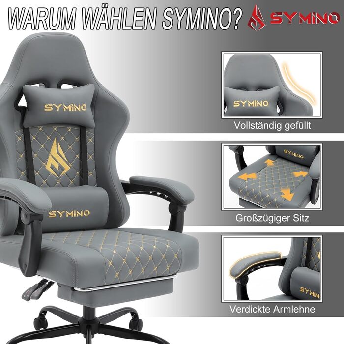 Ігрове крісло Symino Racing, ергономічне, з підставкою для ніг, лумбальною підтримкою, регульованими підлокітниками, чорне, вінтажна екошкіра, до 200 кг