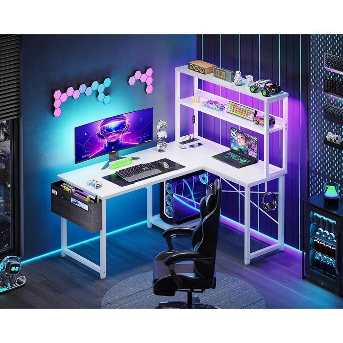 Ігровий стіл Coleshome L-подібної форми з LED-підсвічуванням та розетками, 135 × 100 см. Реверсивний кутовий стіл з полицями для зберігання, з сумкою для дому та ігор. (110×80 см, Білий)