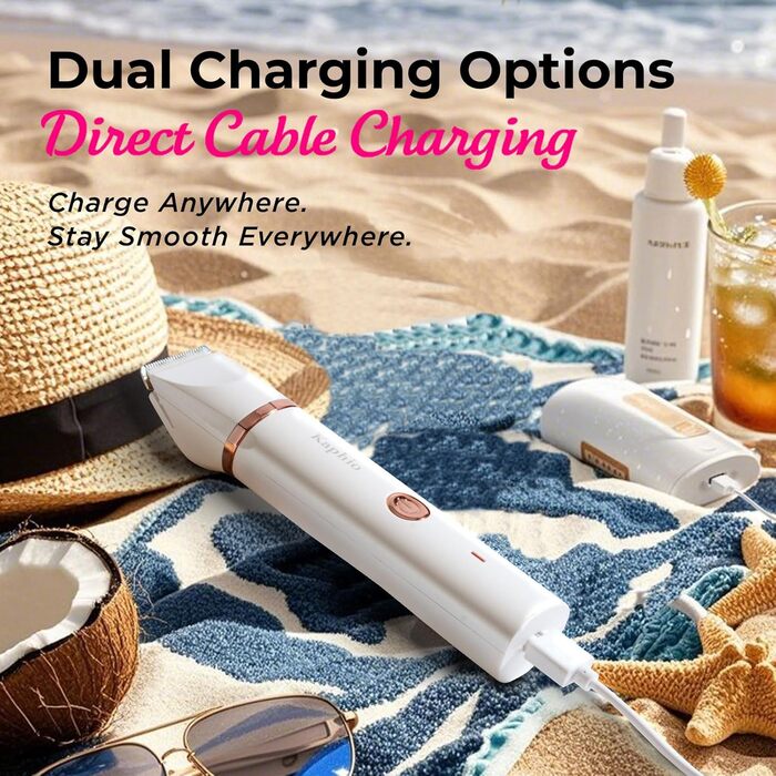 Триммер для бікіні для жінок 2-в-1: електричний триммер та бритва. Бездротовий, водонепроникний (IPX7) для тіла, ніг, пахв та рук. Perlweiß