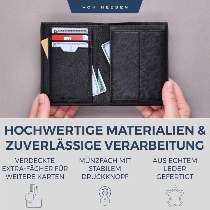 VON HEESEN Leather Wallet RFID Protection | Real Leather Wallet for Women & Men | Portemonnaie, Brieftasche, Wallet, Portmonee (Saffiano Black)