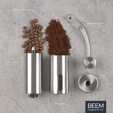 Ручна кавомолка BEEM GRIND-2-GO, 40 г, конічний жорн, безступеневе регулювання помолу, нержавіюча сталь, бавовняний мішечок