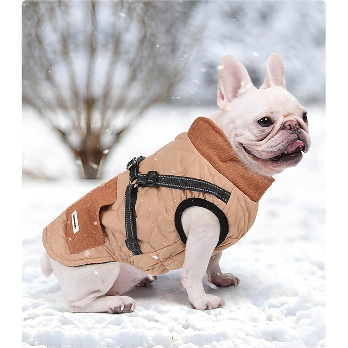 Dog coats with harness, winter warm jacket windproof pet clothing with pocket design snowsuit dog coats for small to medium dogs (M, Khaki)