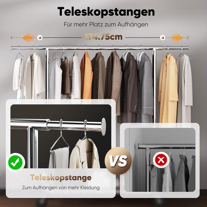 Вішалка для одягу HOKEEPER на колесах, вантажопідйомність 204 кг, висувна штанга для одягу S005