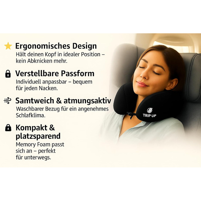Подушка для шиї Trip Up з Memory Foam - для подорожей (літак, авто) - ергономічна, м'яка, дихаюча, регульована, чорна (Jet Black)