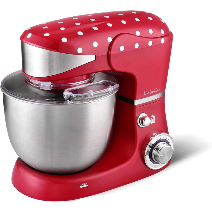 Kalorik TKG M 3014 Design Kitchen Machine with 5 Liter Stainless Steel Bowl, Die-Cast Stirring and Dough Hooks, 6 Speed Settings, Stainless Steel Whisk, Powerful 1000 Watts, Red