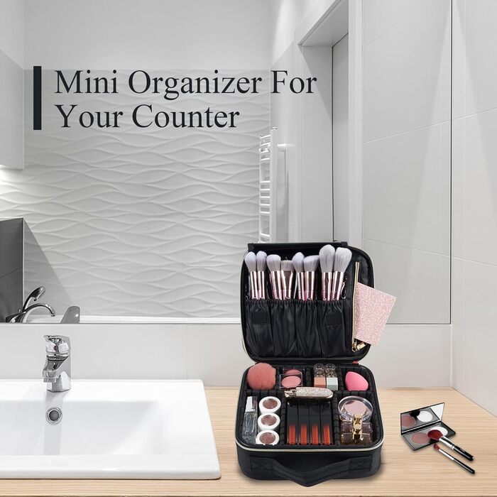 Косметичка для макіяжу та косметики, органайзер для подорожей, чорна. З ручкою та регульованими перегородками