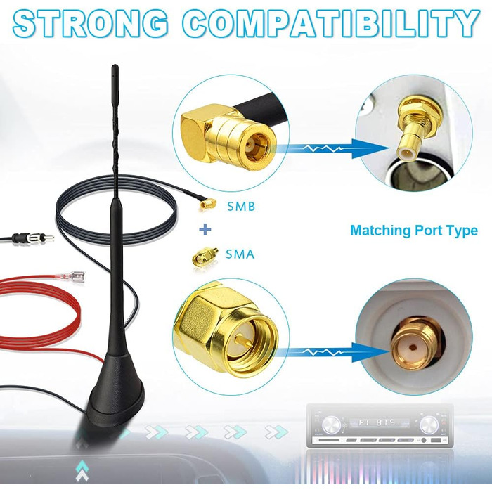 Активна автомобільна антена Eightwood DAB/DAB+, FM/AM, з підсилювачем, дахова, з SMB/SMA штекером і DIN адаптером, сплітер, 5 м кабель