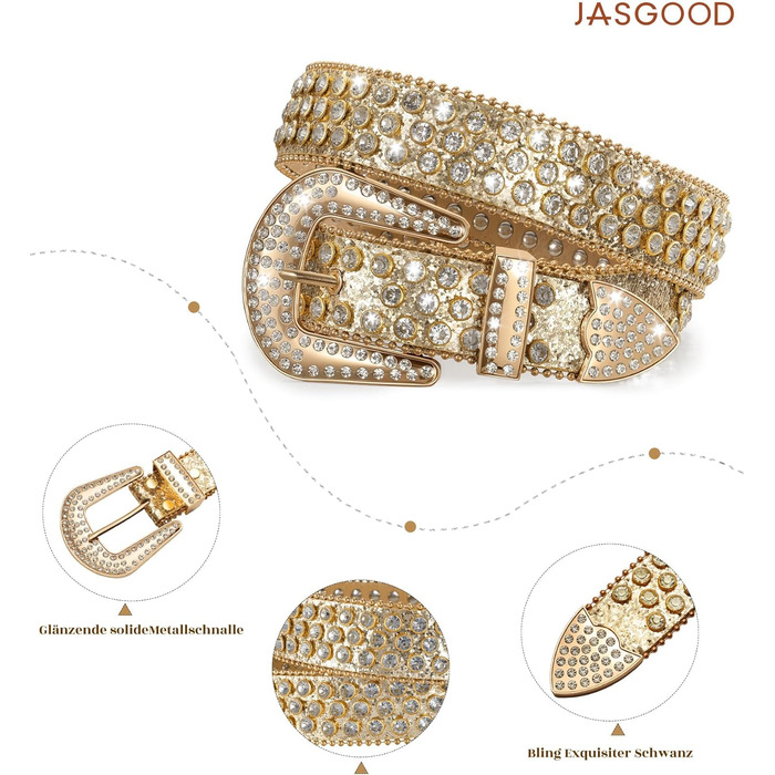 Жіночий шкіряний ремінь JasGood з камінням, в стилі вестерн, ковбойський, з заклепками, для джинсів та штанів (Золотий, 115 см, підходить для розміру 81-95 см)