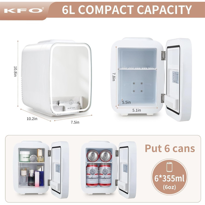 Міні-холодильник KFO 4L, тихий (20dB) з LED-дзеркалом для косметики та напоїв, 220V/12V, термоелектричний, білий