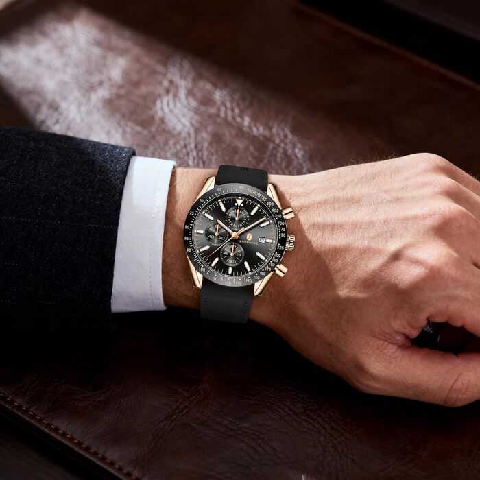 Годинник чоловічий BENYAR Chronograph з аналоговим кварцовим механізмом, шкіряний ремінець, стильний дизайн для бізнесу та спорту, водонепроникність 30M, елегантний подарунок для чоловіків (чорний ремінець/рожево-золотий корпус/чорний циферблат)