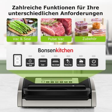 Вакуумний пакувальник Bonsenkitchen 15л/хв, з ручкою та вбудованим ножем, комплект з 2 рулонами, сертифікат екологічності