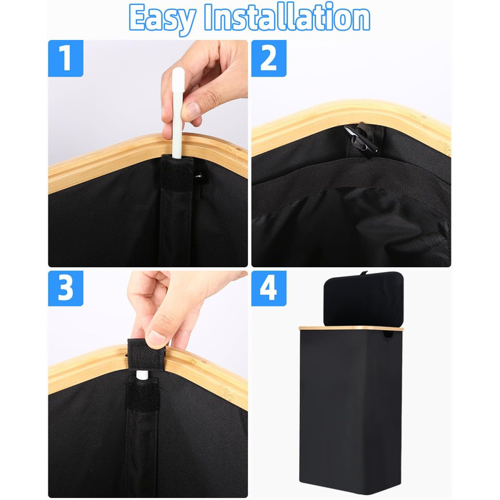 Laundry Basket with Lid 100L, Laundry Box with Bamboo Handles and Inner Pocket, Bamboo Laundry Collector, Large Capacity, Laundry Baskets, Foldable Laundry Baskets for Laundry Room, Bedroom, Bathroom (black)